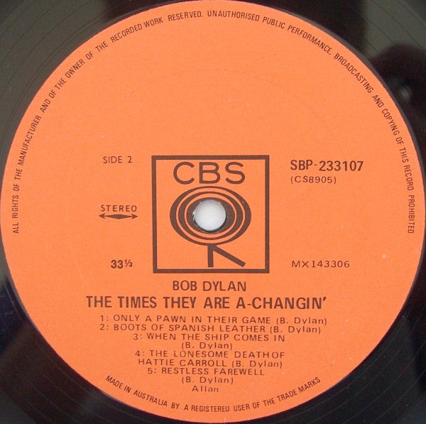 Bob Dylan : The Times They Are A-Changin' (LP, Album, RE)