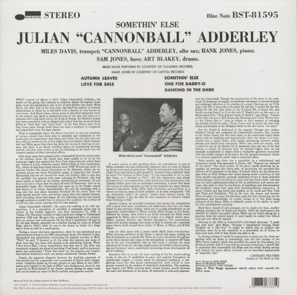 Cannonball Adderley, Miles Davis, Hank Jones, Sam Jones, Art Blakey : Somethin' Else (LP, Album, RE)