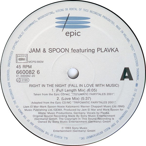 Jam & Spoon Feat. Plavka : Right In The Night (Fall In Love With Music) (12")