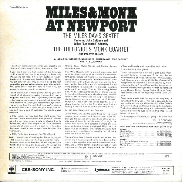 The Miles Davis Sextet & The Thelonious Monk Quartet : Miles & Monk At Newport (LP, Album, RE)