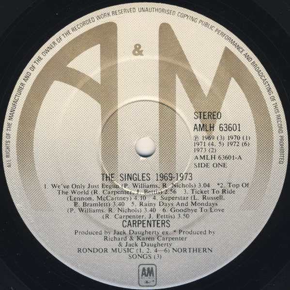 Carpenters : The Singles 1969-1973 (LP, Album, Comp, Gat)
