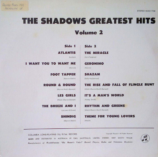 The Shadows : The Shadows Greatest Hits Volume 2 (LP, Comp, RE)
