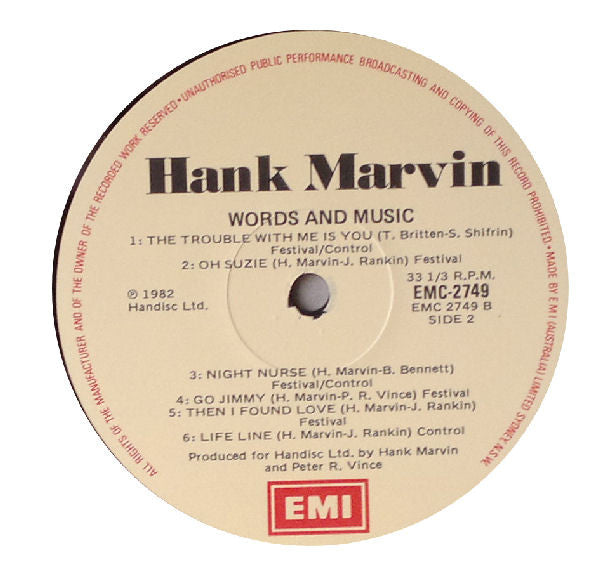 Hank Marvin : Words And Music (LP, Album)