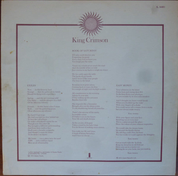 King Crimson : Larks' Tongues In Aspic (LP, Album)