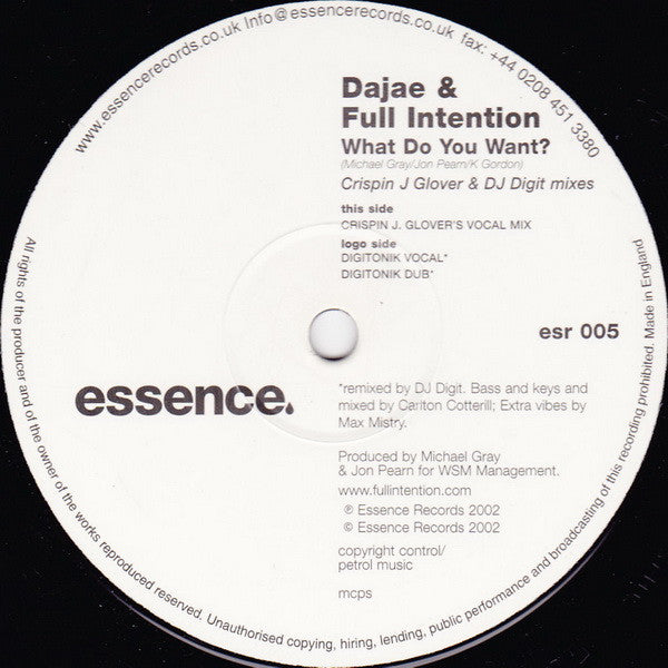 Dajae* & Full Intention : What Do You Want? (Crispin J Glover & DJ Digit Mixes) (12")