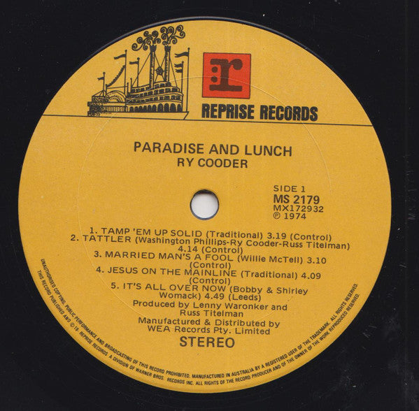 Ry Cooder : Paradise And Lunch (LP, Album)