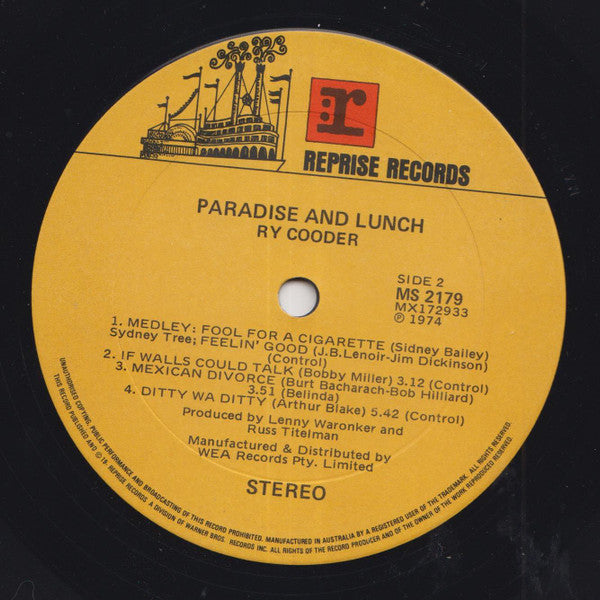 Ry Cooder : Paradise And Lunch (LP, Album)