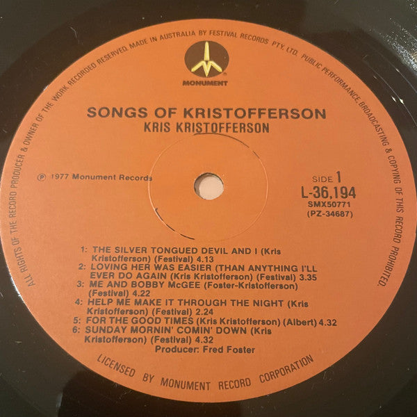 Kris Kristofferson : Songs Of Kristofferson (LP, Comp)