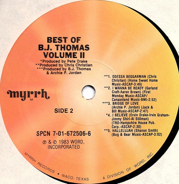B.J. Thomas : The Best Of B. J. Thomas Volume II (LP, Album, Comp)