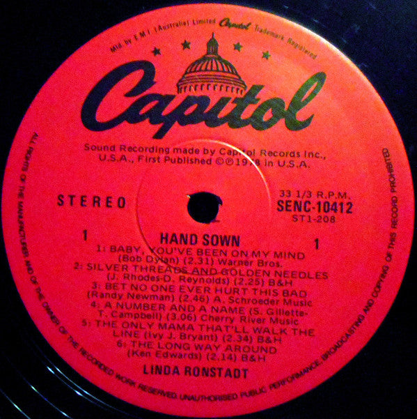 Linda Ronstadt : Hand Sown... Home Grown (LP, Album, RE)