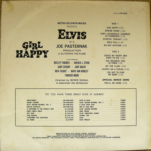 Elvis Presley : Girl Happy (LP, Album, Ora)