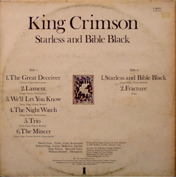 King Crimson : Starless And Bible Black (LP, Album, Gat)
