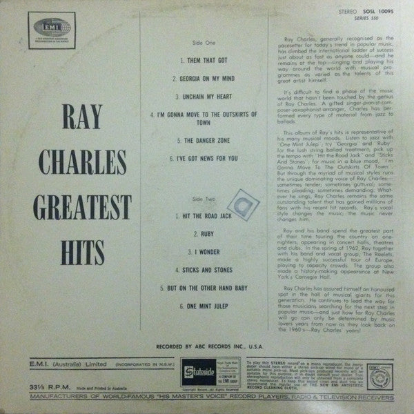 Ray Charles : Greatest Hits (LP, Comp, Mono, RE)