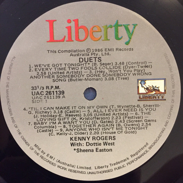 Kenny Rogers With Kim Carnes, Sheena Easton & Dottie West : Duets (LP, Comp)