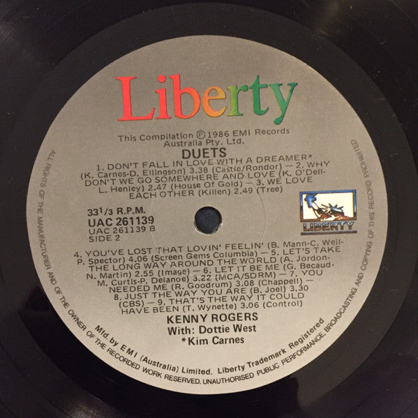 Kenny Rogers With Kim Carnes, Sheena Easton & Dottie West : Duets (LP, Comp)