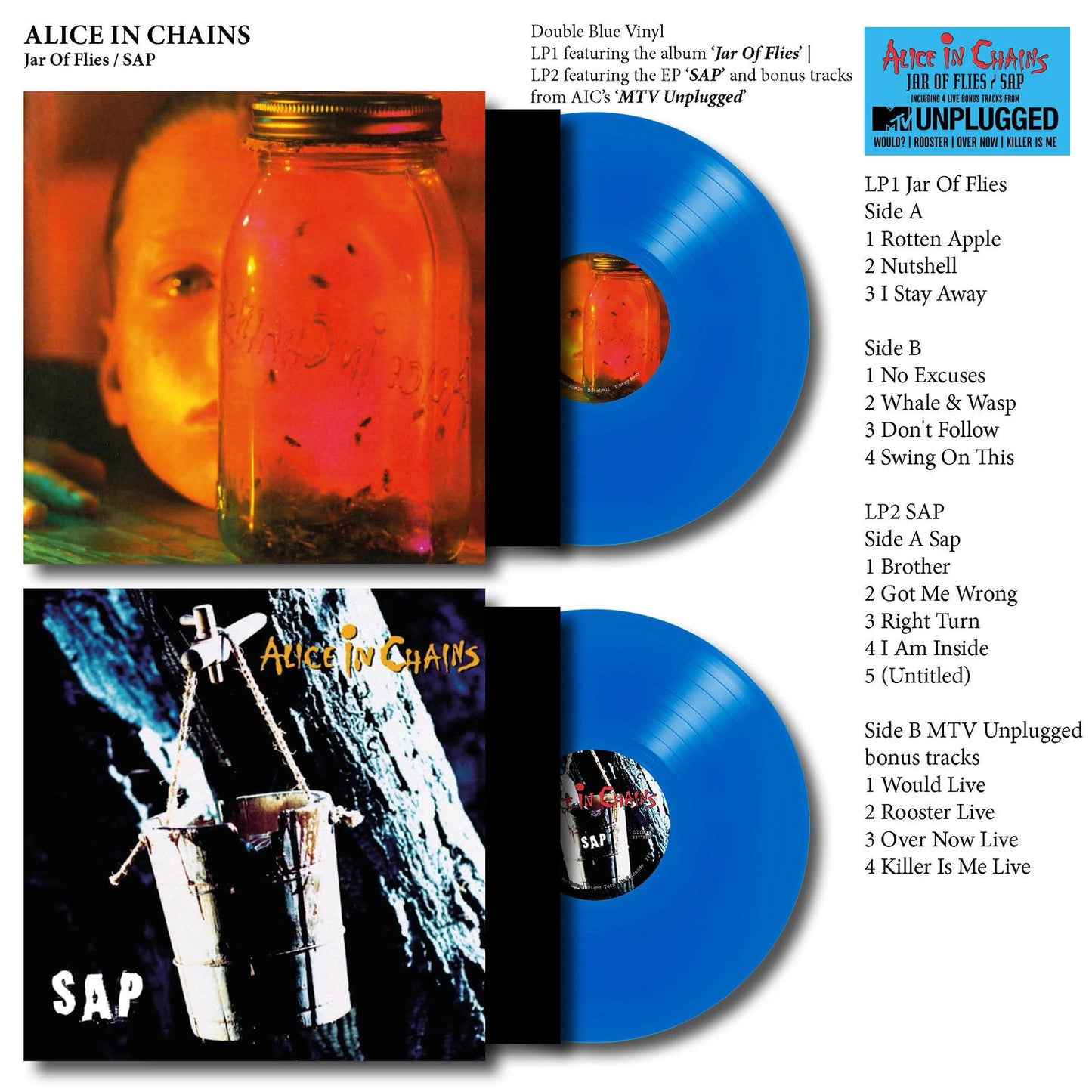 Double vinyl album with 'Jar of Flies' and 'SAP' by Alice in Chains, featuring cover art and track listings.