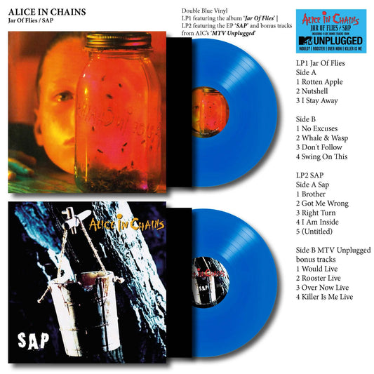 Double vinyl album with 'Jar of Flies' and 'SAP' by Alice in Chains, featuring cover art and track listings.