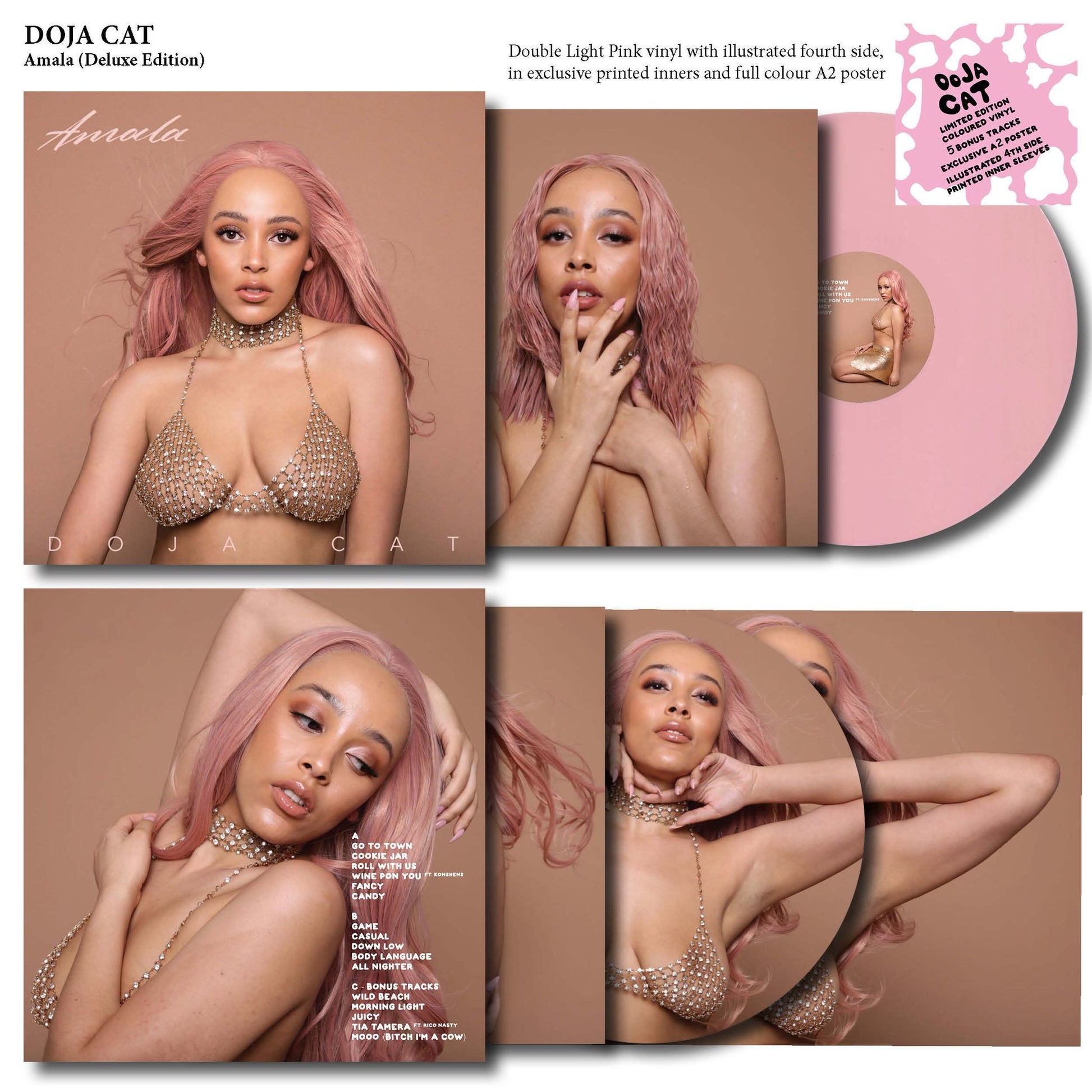 Doja Cat album cover with pink vinyl record and illustrated fourth side, featuring images of Doja Cat.