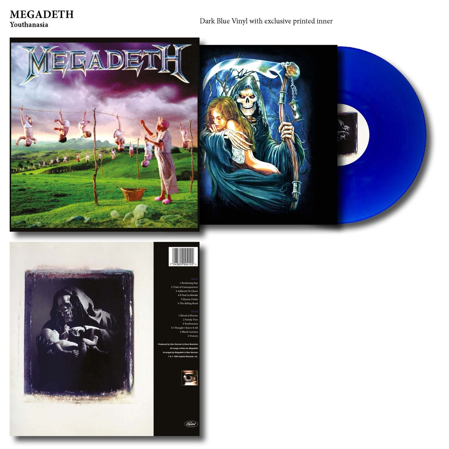 Blue vinyl record with artwork and packaging featuring Megadeth branding