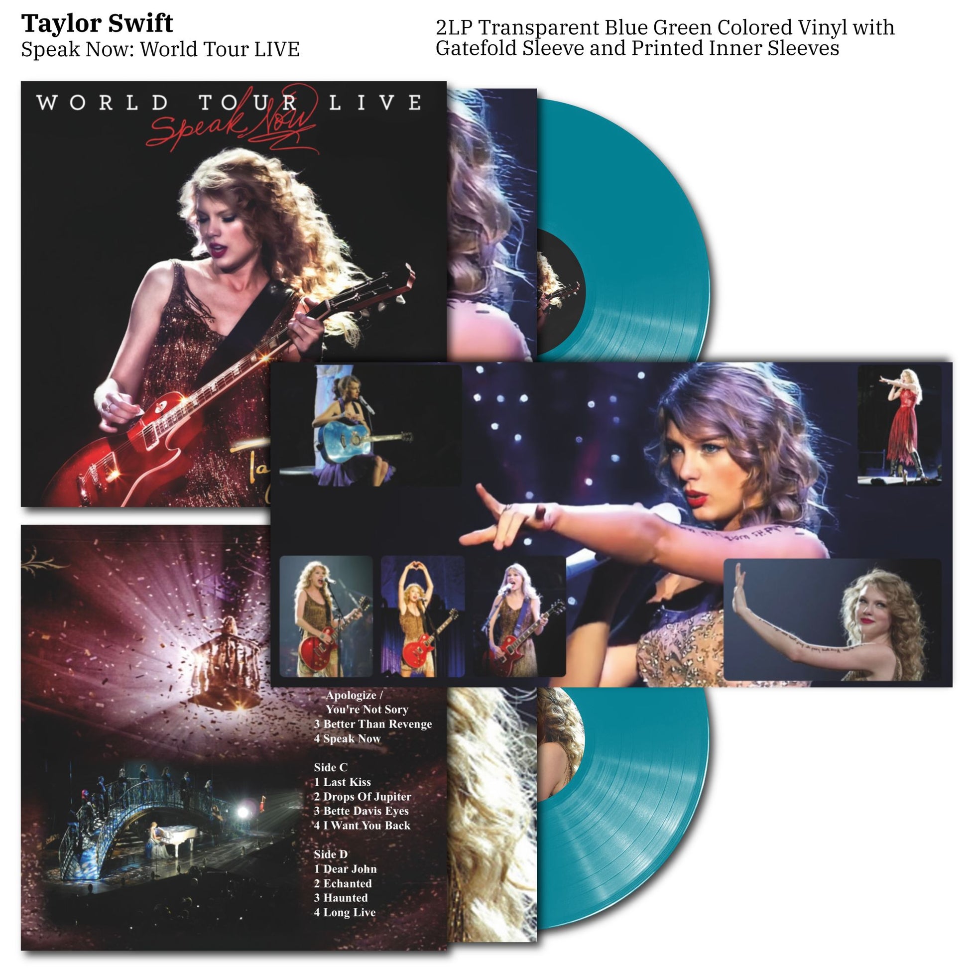 Taylor Swift 'Speak Now: World Tour LIVE' vinyl album with artwork and tracklist.