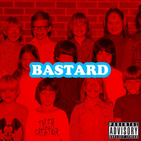 This image features the cover art for Tyler, The Creator's debut mixtape, "Bastard." The artwork is a bold, eye-catching design displaying a group of children in a classroom setting, overlayed with a large, blue text that reads "BASTARD.