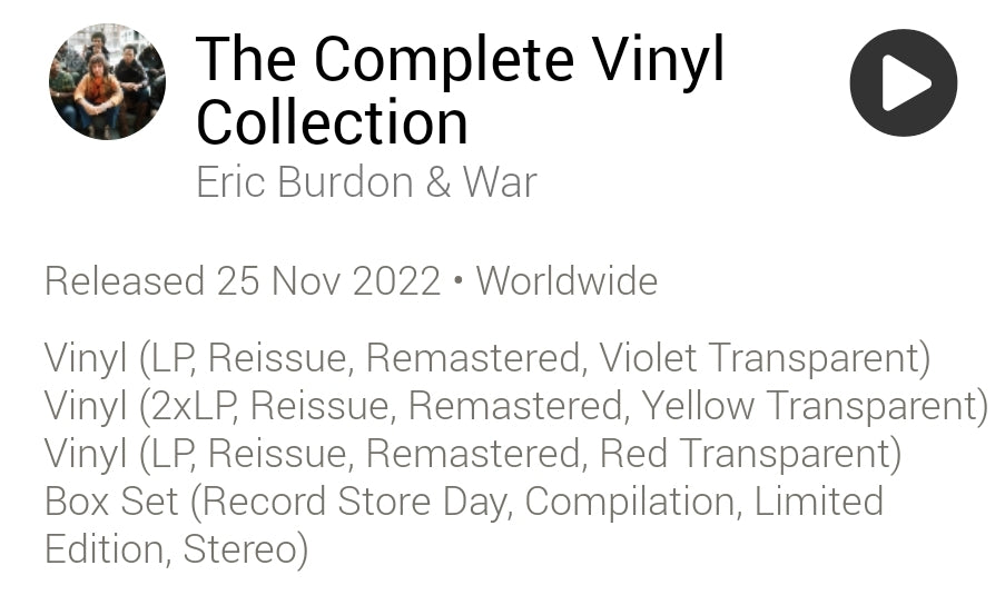 Eric Burdon & War - The Complete Vinyl Collection BOX SET Coloured Vinyl Ltd Edition (LP, RE, RM, Vio + 2xLP, RE, RM, Yel + LP, RE, RM, )