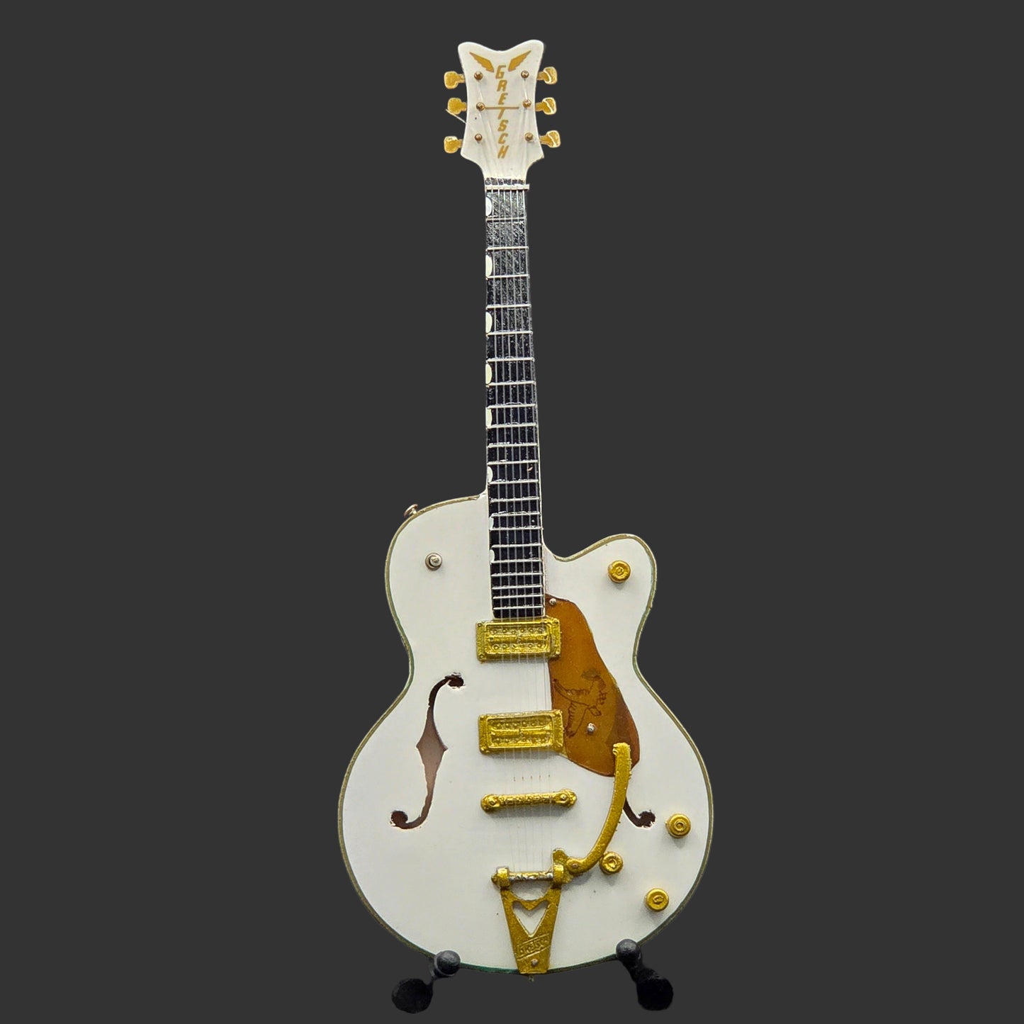 Miniature Guitar - Gretsch White FALCON RHCP / Living End  - Model Guitar Inc Stand