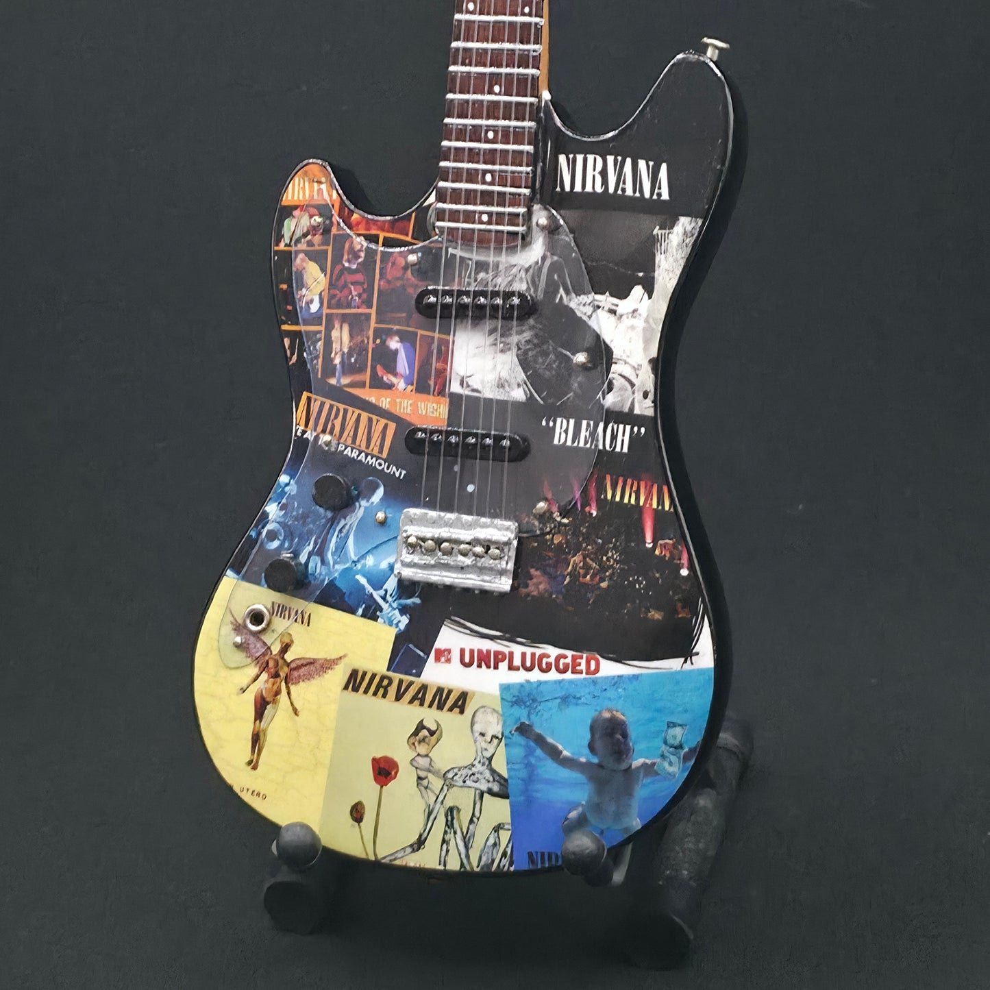 Miniature Guitar - Nirvana Kurt Cobain Fender Mustang Album Covers  - Model Guitar Inc Stand