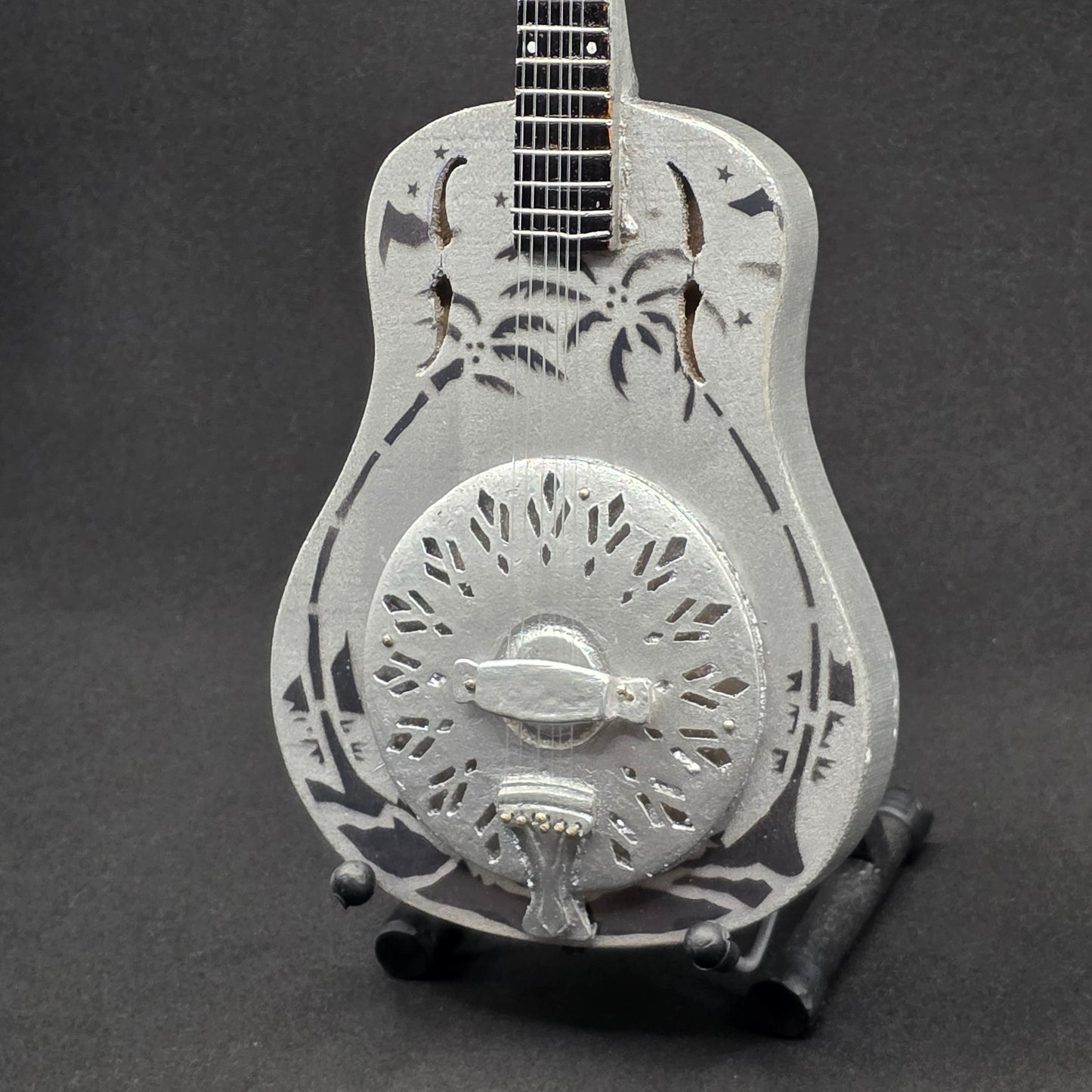 Miniature Guitar - Dire Straits Brothers In Arms Resonator Silver Acoustic - Model Guitar Inc Stand