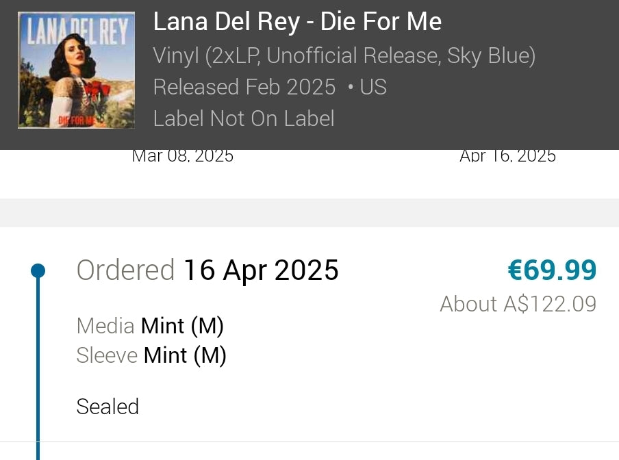LANA DEL REY - DIE FOR ME VINYL RECORD  2LP BLUE COLOURED